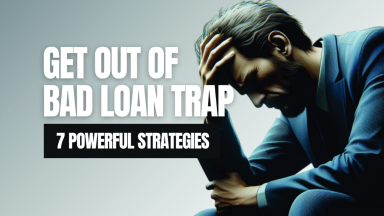 A stressed person surrounded by debt and paperwork, seeking ways to get out of bad loan trap.